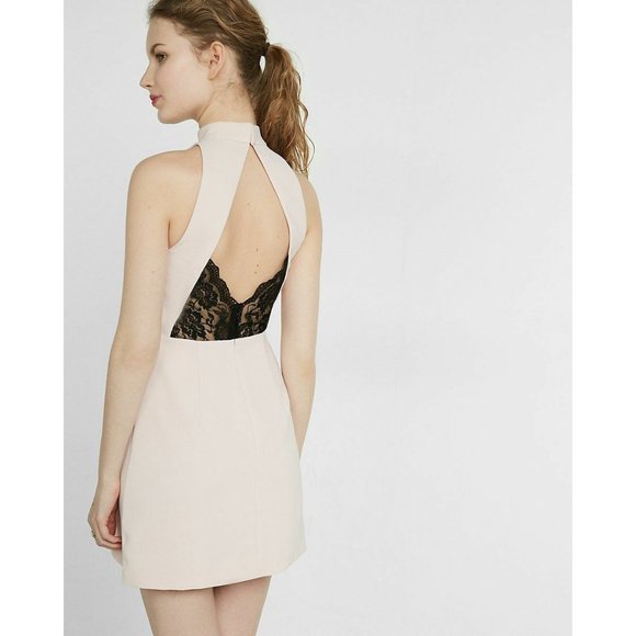 Express 6 Blue Mock Neck Keyhole Sleeveless Sheath Dress back black lace small - Picture 9 of 12